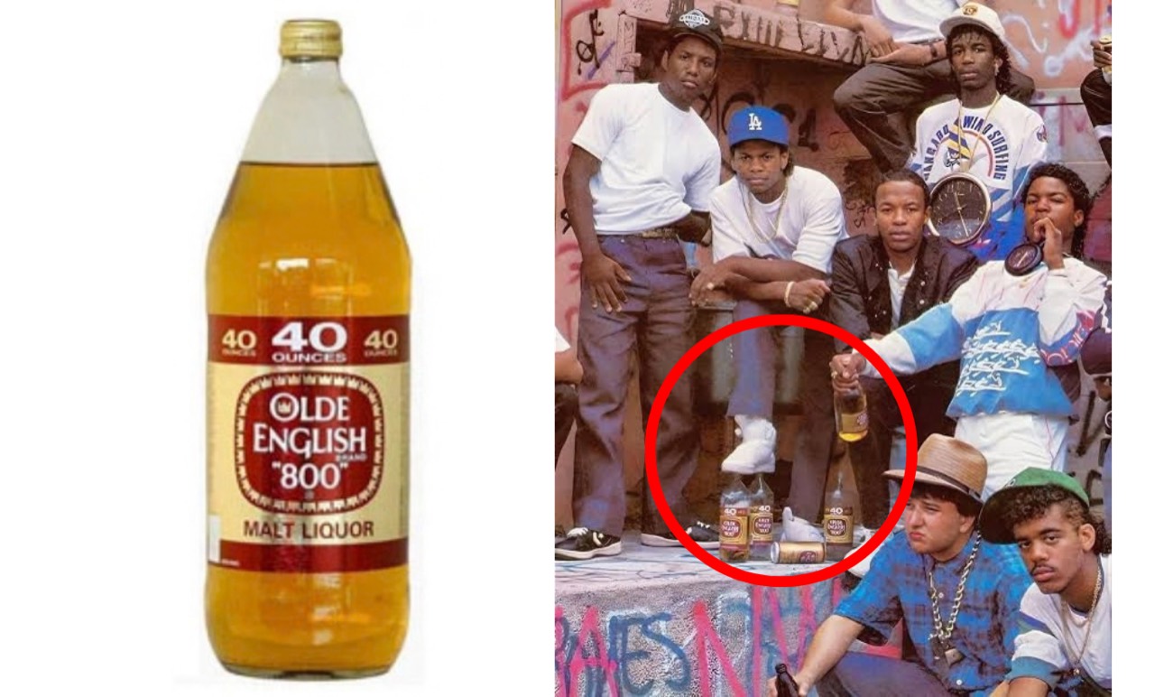 Olde English 800の40オンスボトルと、ボトルが写った集合写真