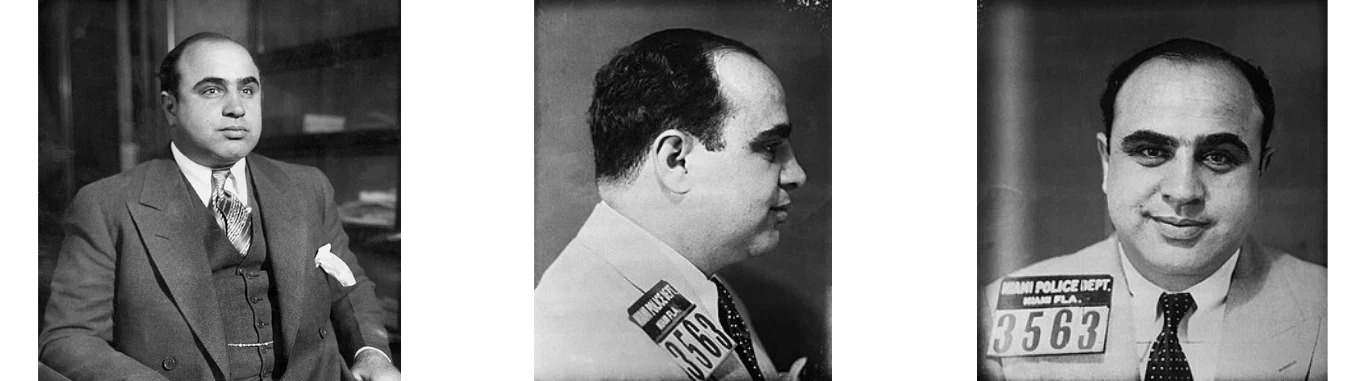 アル・カポネの肖像と正面・横顔の写真を組み合わせた画像